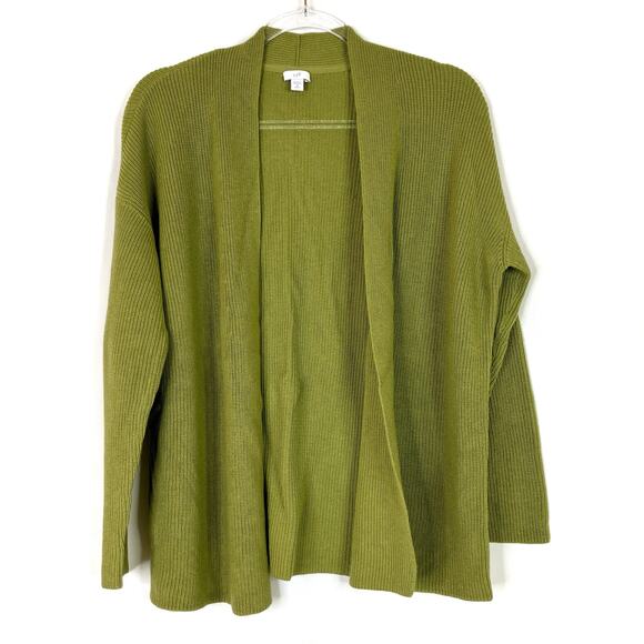J.Jill | Chartreuse Green Cardigan Sweater Open Front Cotton Blend M PETITE - Picture 1 of 5